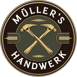 Logo Müllers Handwerk: zwei gekreuzte Hämmer in einem runden Emblem